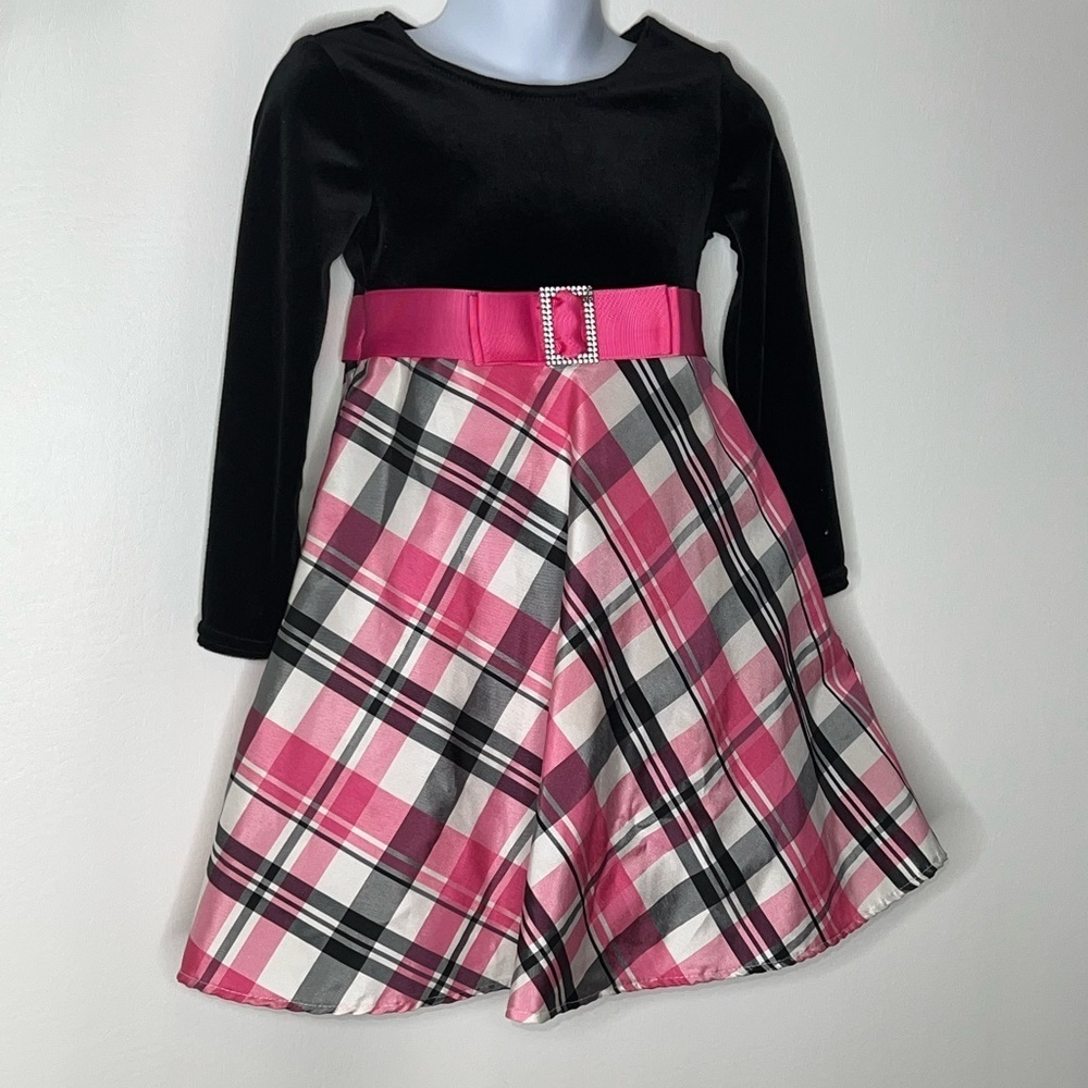 Dollie & Me girls black pink velvet plaid dress sz 4T